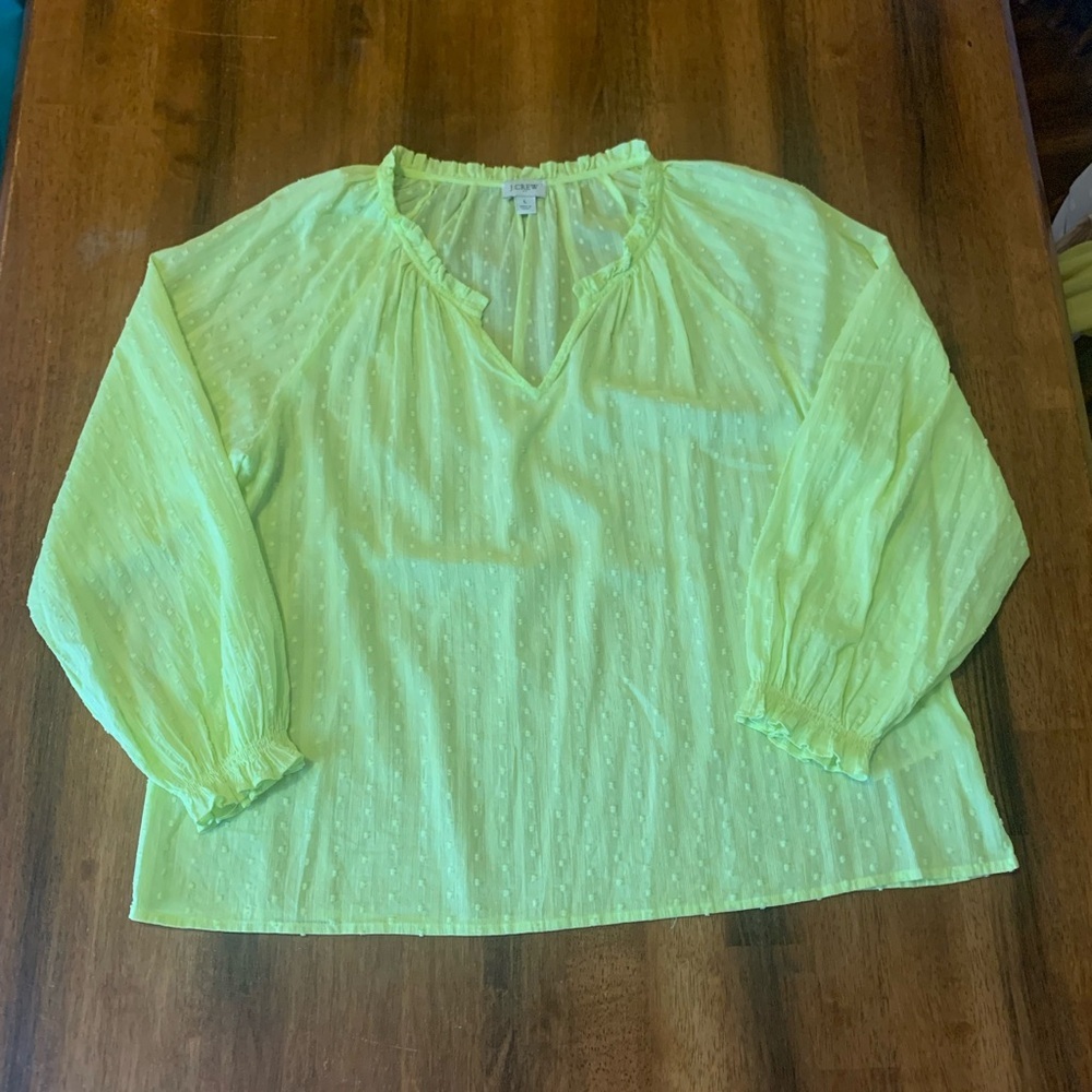 J. Crew Blouse Large Bright Yellow w/ Swiss Dots Long Sleeve Elastic Wrist Vneck